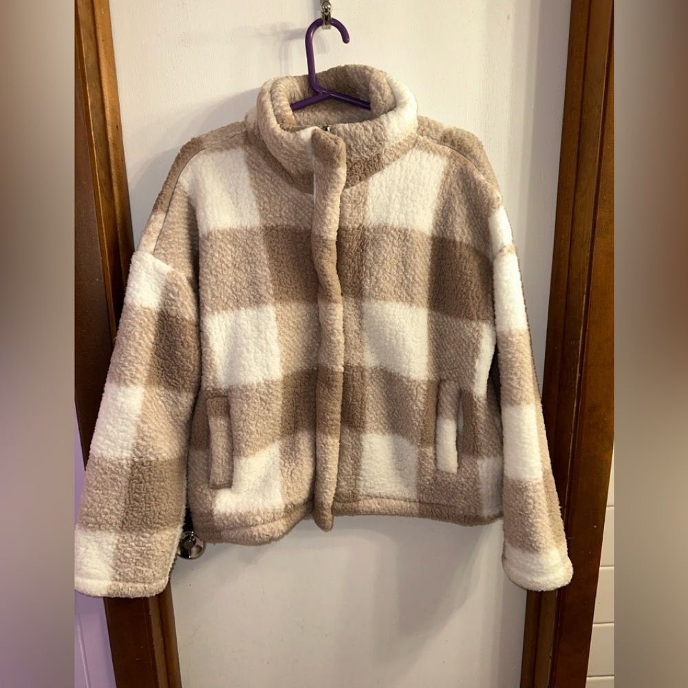 Altar'd State Plaid fuzzy Jacket in Cream and Brown